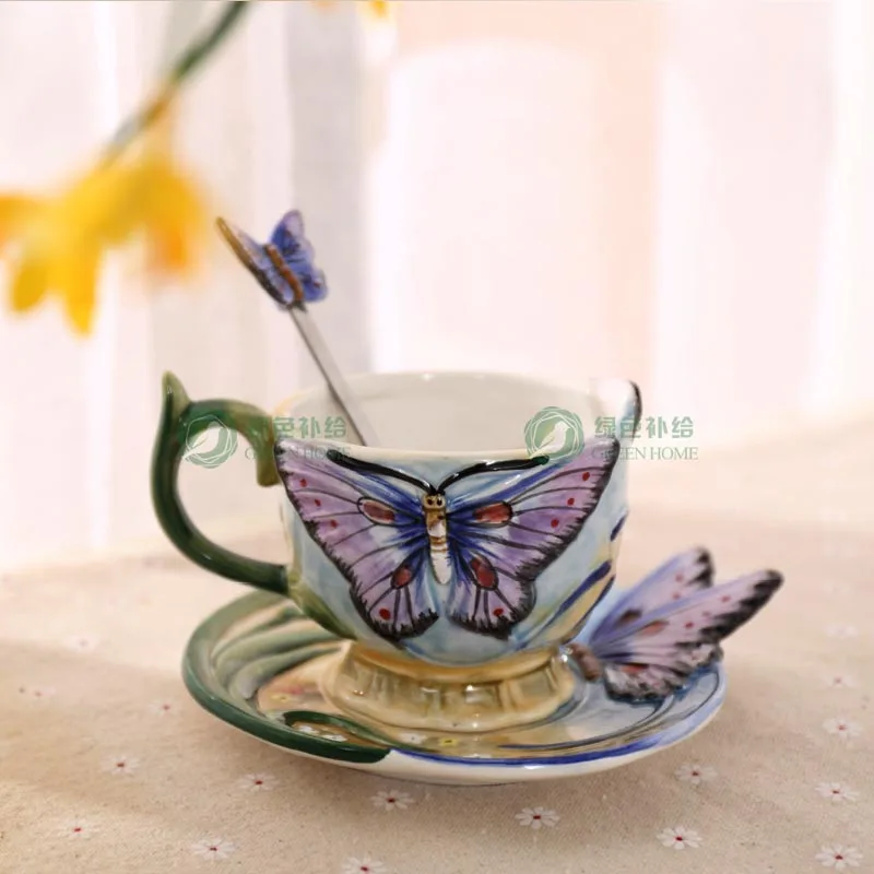 European Style Ceramic Hand-painted Butterfly Coffee Cup 3D Colored Enamel Porcelain Cups with Saucer and Teaspoon