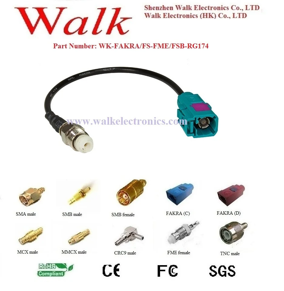 RF cable assembly: FAKRA female straight to FME female straight bulkhead with RG174 cable