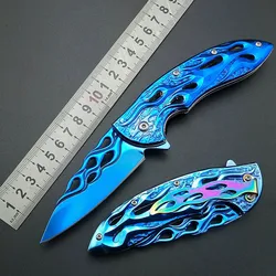 Blue Fire Flame Fold Knife blue Titanium Artwork Blade Handle Folding Knife Collect knife 440C Rainbow belt clam