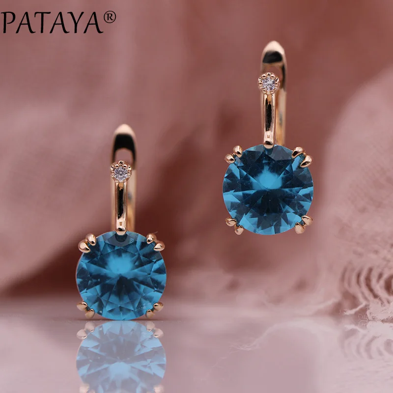 PATAYA 828 Promotion New Round Blue Earrings Women Fashion  Wedding Jewelry 585 Rose Gold Color Natural Zircon Dangle Earrings