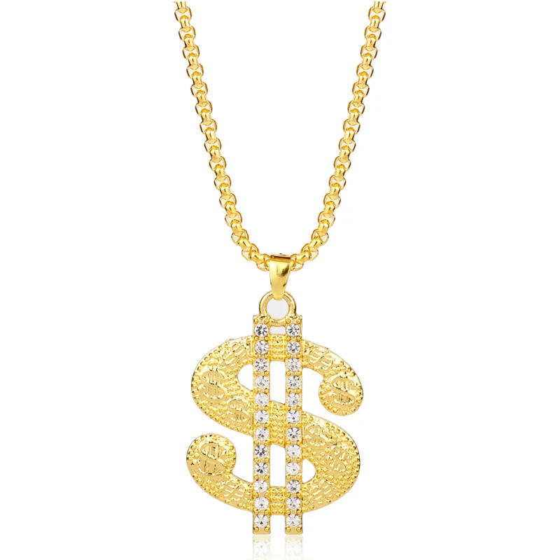 Dollar sign Gold Chain Rhinestoned Big Dollar Sign Pendant Chain Necklace For Women Hiphop Jewelry -30