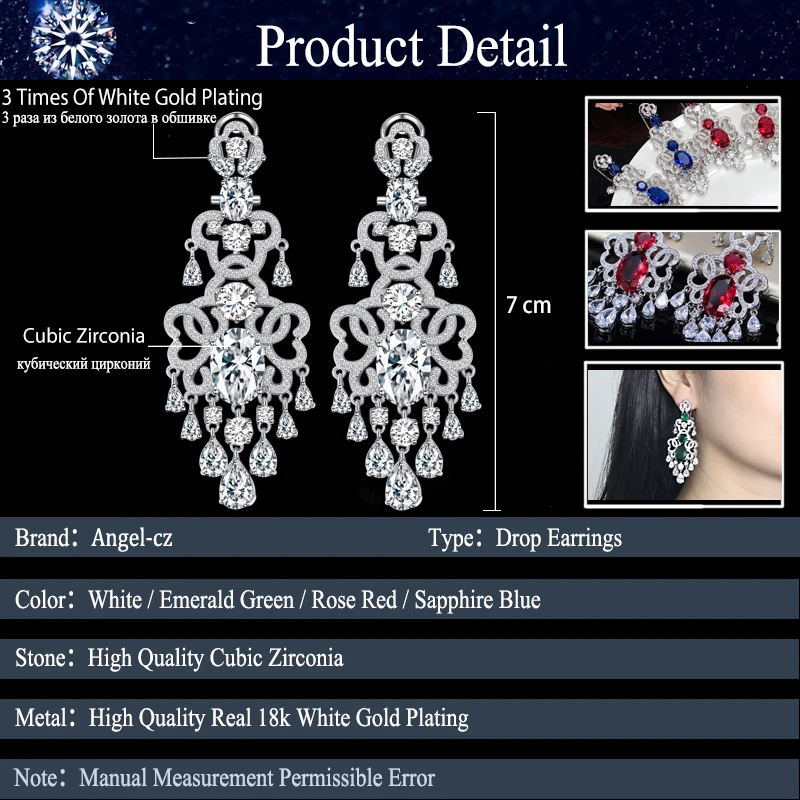 ANGELCZ European Luxury Bridal Chandelier Drop Long Earrings Dark Blue Cubic Zirconia Vintage Women Large Wedding Jewelry AE015