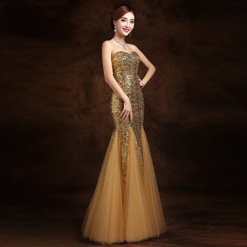 Free shipping 2015 new Latest Designs Fashion Prom Long Chiffon with sequins tube top fish tail Evening dress/Party dresses