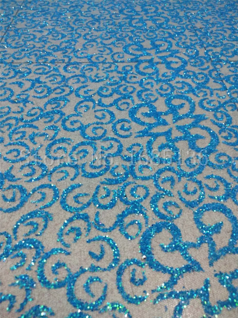 

Blue glued glitter african india mesh tulle lace fabric fashion french net lace with glued glitter H-80536