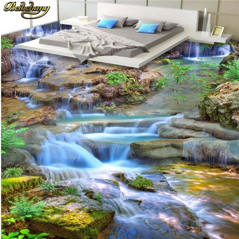 beibehang Custom floor painted wall wallpaper landscape waterfall creek 3D floor painting thickened wearable PVC floor painting