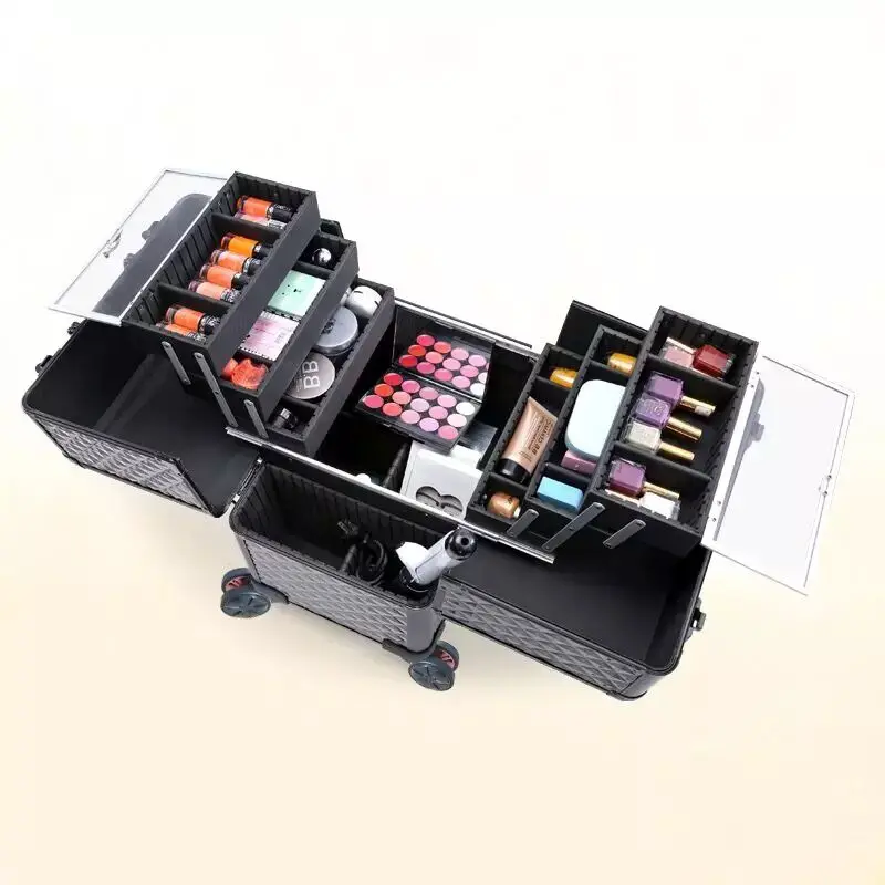 Aluminum frame PVC Cosmetic Case,Makeup tool Box with wheels,Rolling beauty Suitcase Bag,Large capacity Make-up Trolley Luggage