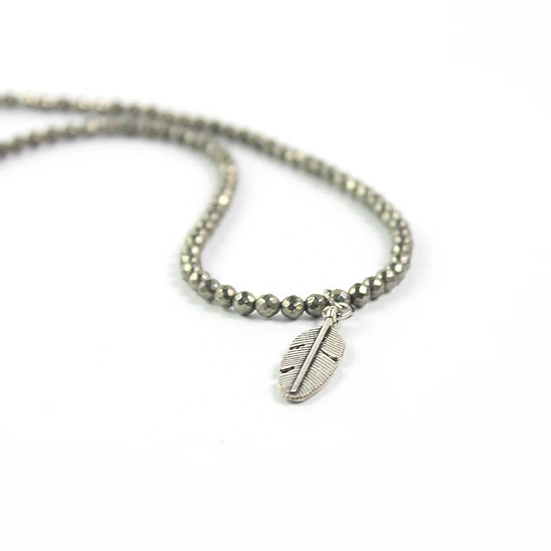 Natural Stone Pyrite Faced Round Beads 4mm Disco Ball Necklace with Alloy Leaf Pendant Fashion Jewelry