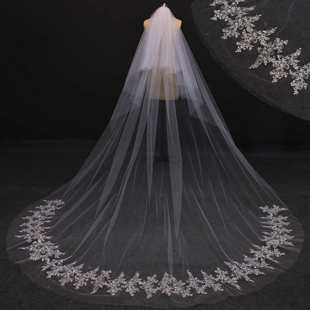 Sirène – Voile de Mariage en dentelle à paillettes scintillantes, deux couches, avec peigne, pour mariée