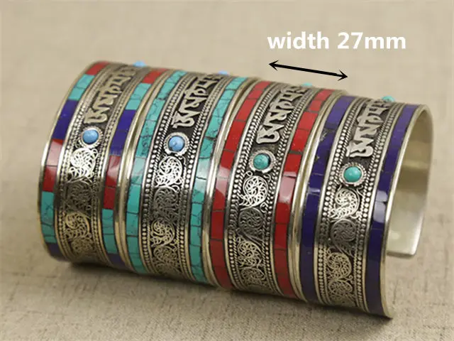 BB-460 Tibetan Mantras Bangles Copper inlaid Colorful Stone Open Cuff OM MANI PAD ME HUM