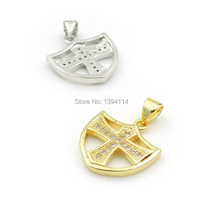 17*16*2mm Micro Pave Clear CZ Shield Charm With Cross Fit For Women As Necklace Accessory