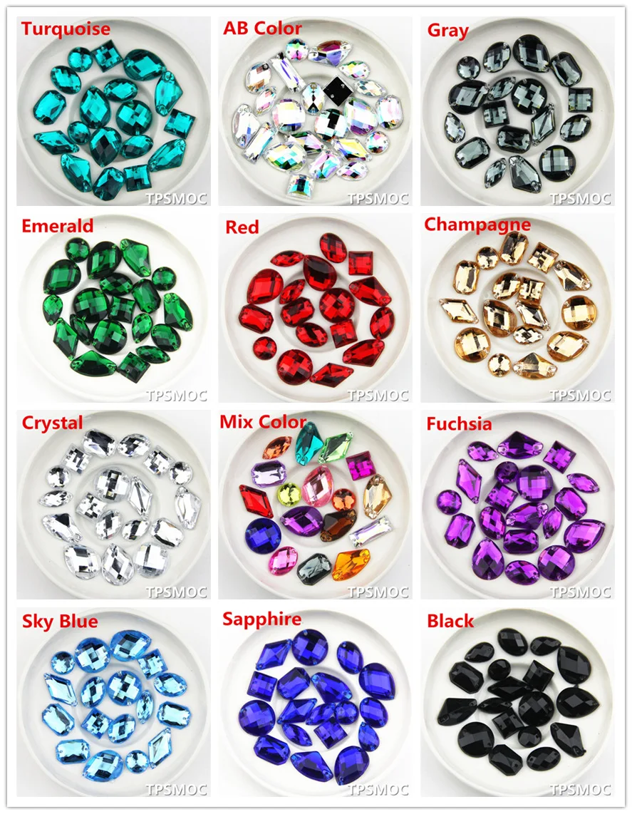 Mix size Black color Sewing Rhinestone Sew On Acrylic Flatback mix shape Gems Strass Stones For Clothes Dress Crafts