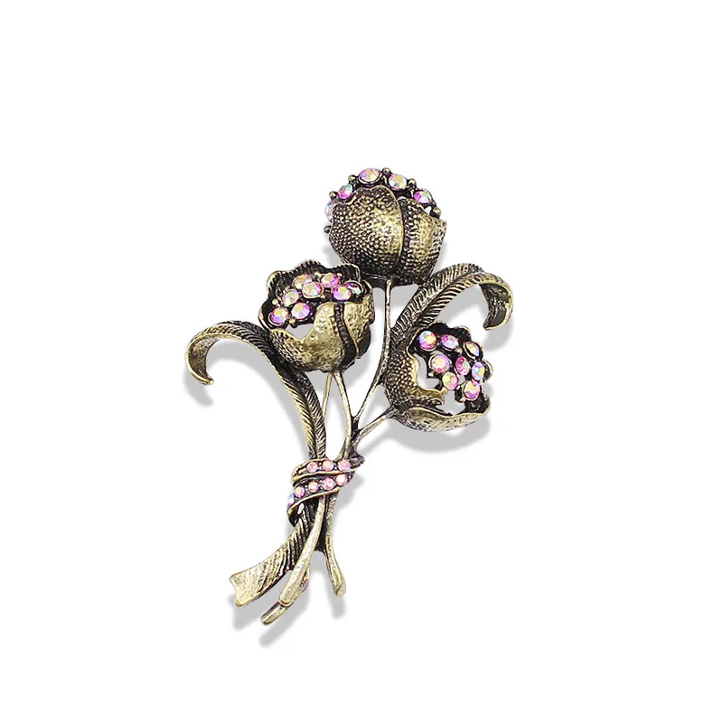 TANGTANG  Brooch AB Pink Rhinestone Crystal Flower Brooch Women Accessories Antique Bronze Pin For Mom New Hot Item No.: BH7035