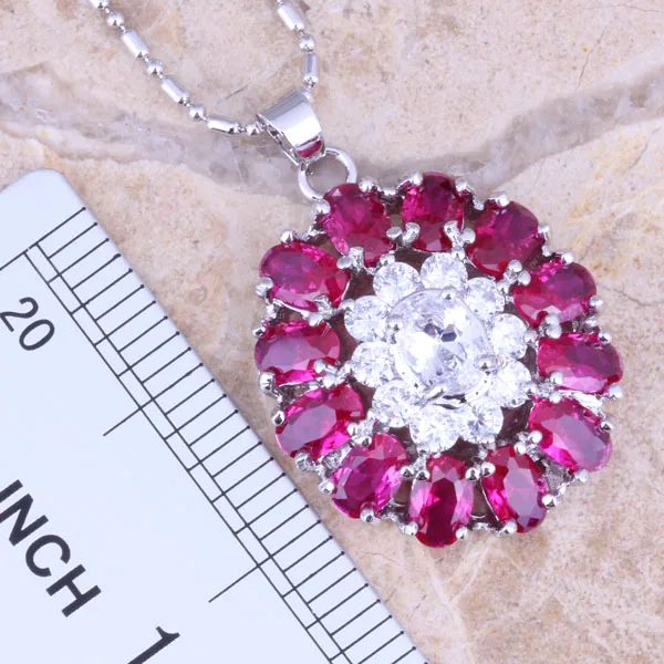 Graceful Red Cubic Zirconia White CZ Silver Plated Jewelry Sets Earrings Pendant Ring Size 6 / 7 / 8 / 9 / 10 S0431