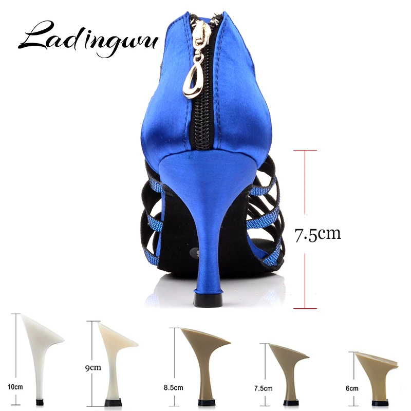 Ladingwu Woman Latin Dance Shoes Blue Glitter and Satin Sandals For Dance Shoes For Ballroom Dancing Heel For Women Salsa Shoes