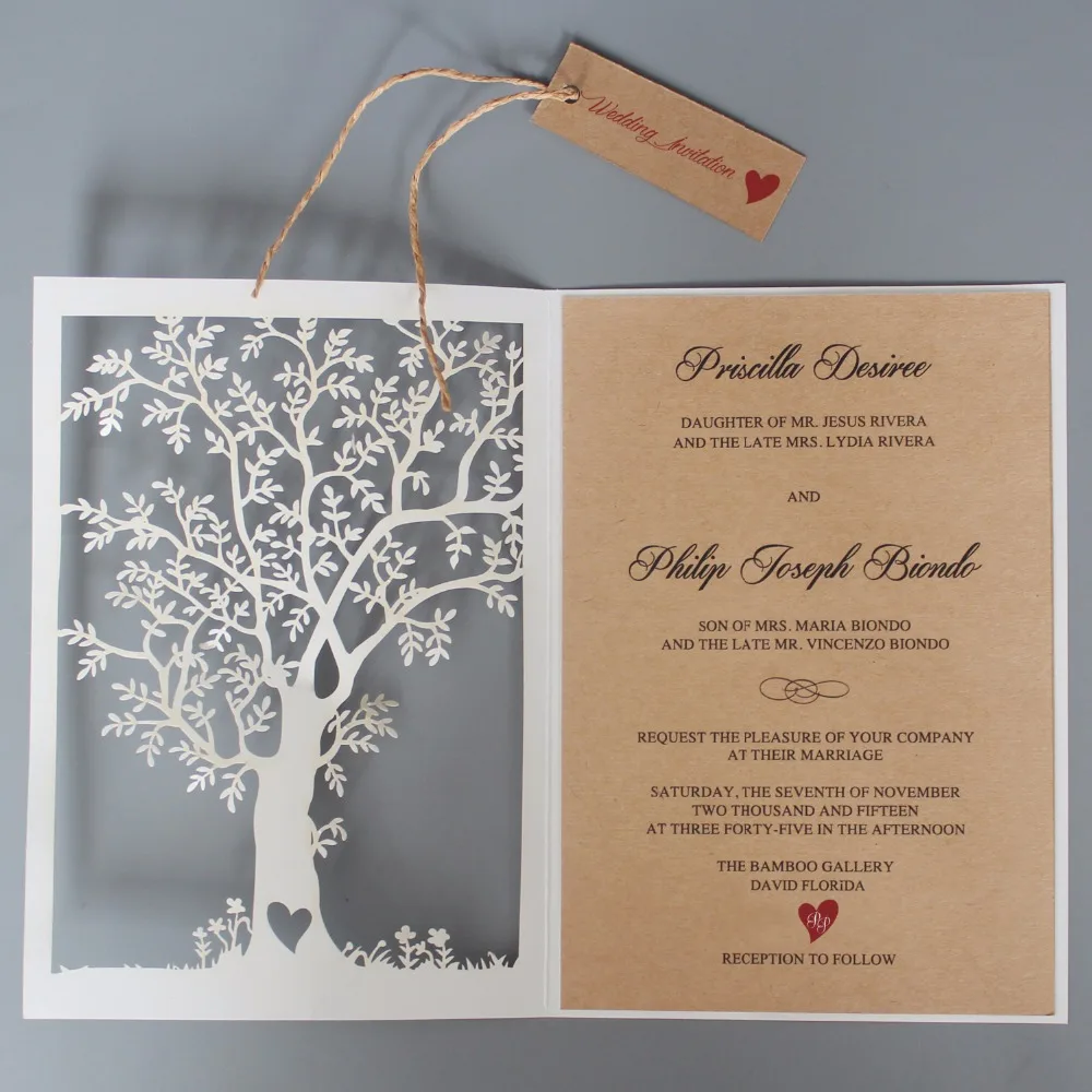 Rustic Wedding Invitation Laser Cut Wedding Invitation Cards Tree Wedding Invite With Tag - set of 50