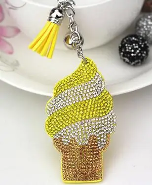 10pcs/lot Handmade Ice cream Shape Keychains Alloy Leather Tassel Car Keyring With Rhinestone ice cream key ring