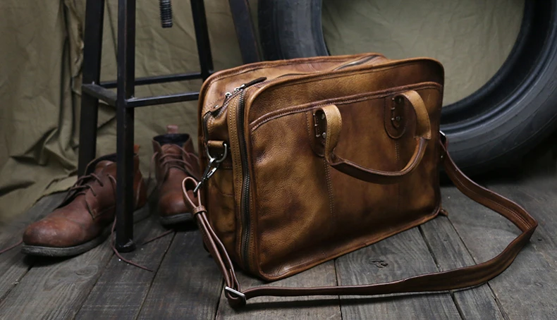 Luxury Vintage Men Genuine Leather shoulder bag Leather messenger bag men crossbody bag male tote handbag large 15.4\