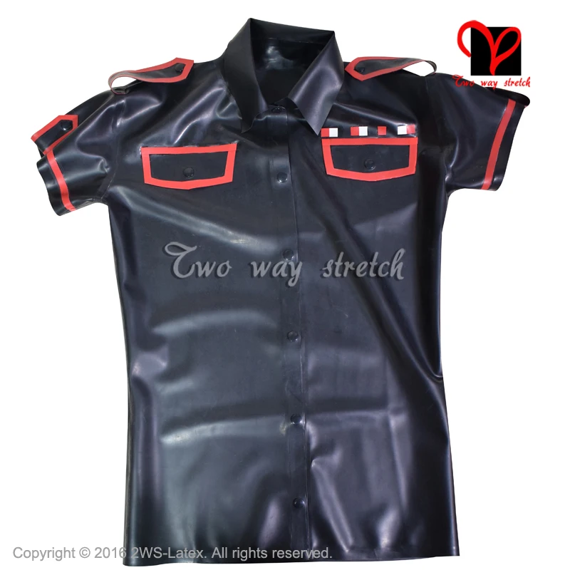 Latex military uniform T Tee shirt button high collar pocket flap Rubber Top Gummi blouse catsuit Army XXXL plus size SY-032