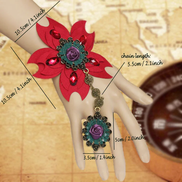 Handmade Women Multi Big Flower Peacock Style Yarn Bronze Adjustable Ring Bracelet Slave Set Cosplay Lolita Gothic Fashion Party