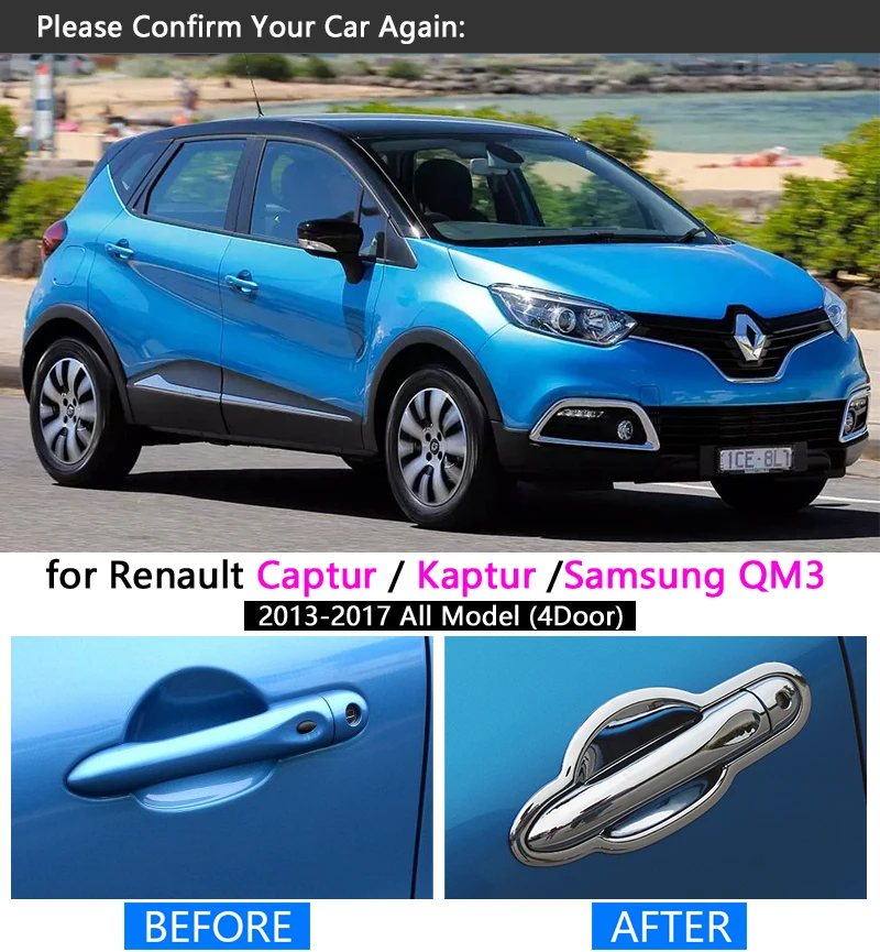 for Renault Captur Kaptur Samsung QM3 Chrome Handle Cover Trim Set 2013 2014 2015 2016 2017 2018 Accessories Sticker Car Styling