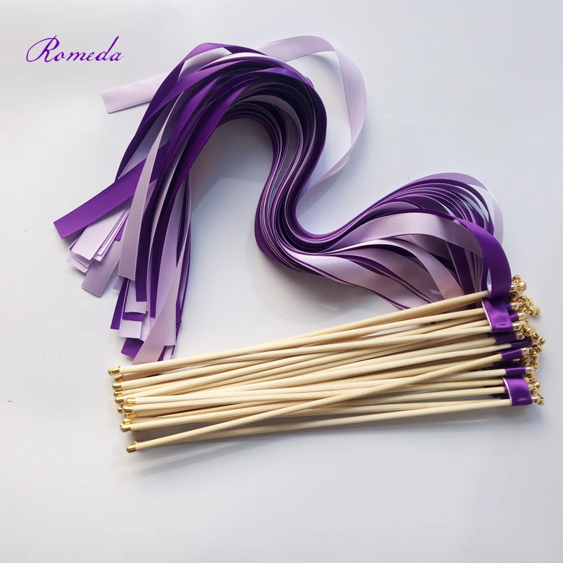 

Style L 50pcs/lot purple and light purple wedding ribbon wands stick with 2 bells and end