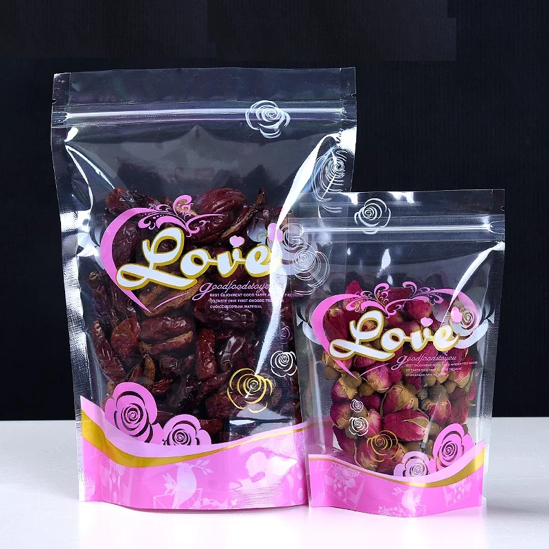 1000Pcs Pink Transparent Plastic Bag Food Packaging Stand Up Doypack Pouch Resealable Dried Fruits Flower Tea