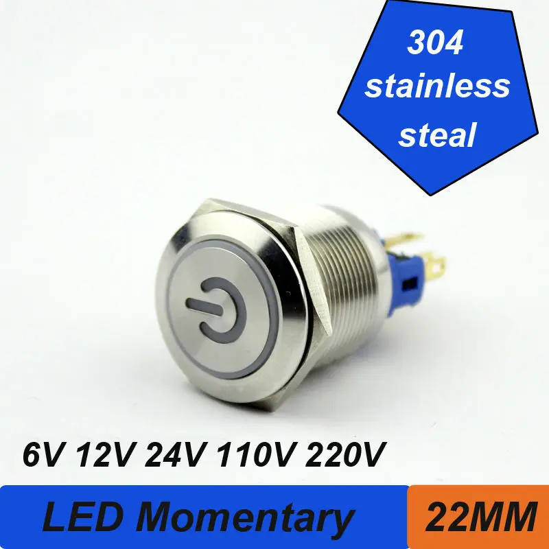 10pcs/lot 22mm LED illuminated stainless steel momentary push button light switches power symbol head 1NO+1NC