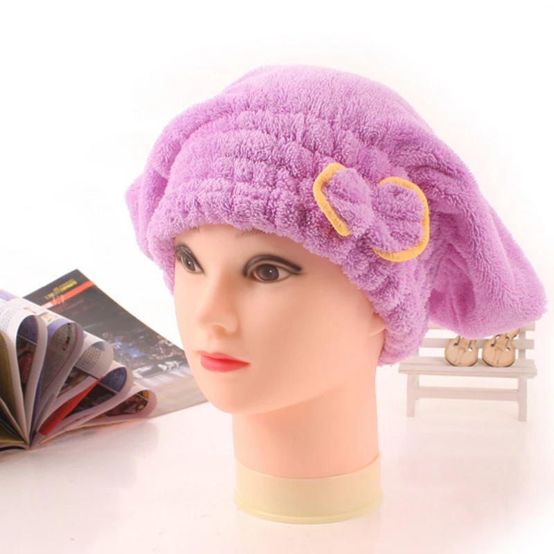 High Quality Quick Hair Drying Cap Hat Microfiber Coral Fleece Ultra Absorbent Hair Towel Dry Wrap Bow-Knot Embellished Cap