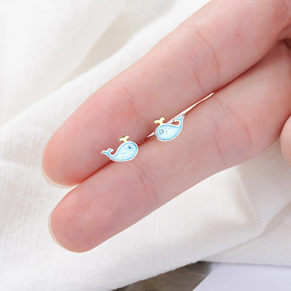 Cute Little Blue Whale Earrings 925 Sterling Silver Marine Animal Earrings For Women Girl Gift Boucle D'oreille S-e646