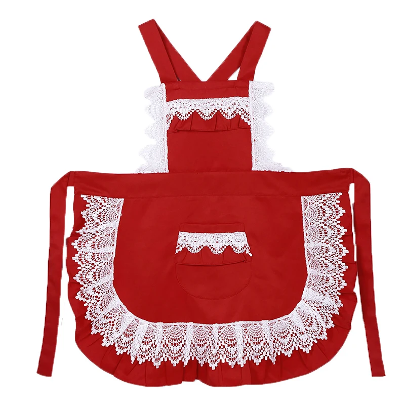 Woman Ladies Adult Retro Lace Maid Sexy Apron Dress Kitchen Household Waist Bib Cleaning BBQ Work Aprons Pink Black Red