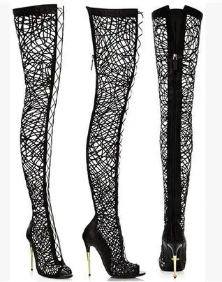 New Women Over Knee High Boots Black Lace Thigh High Gladiator Summer Booties Sexy Thin Heel Cuts Out Boots Peep Toe