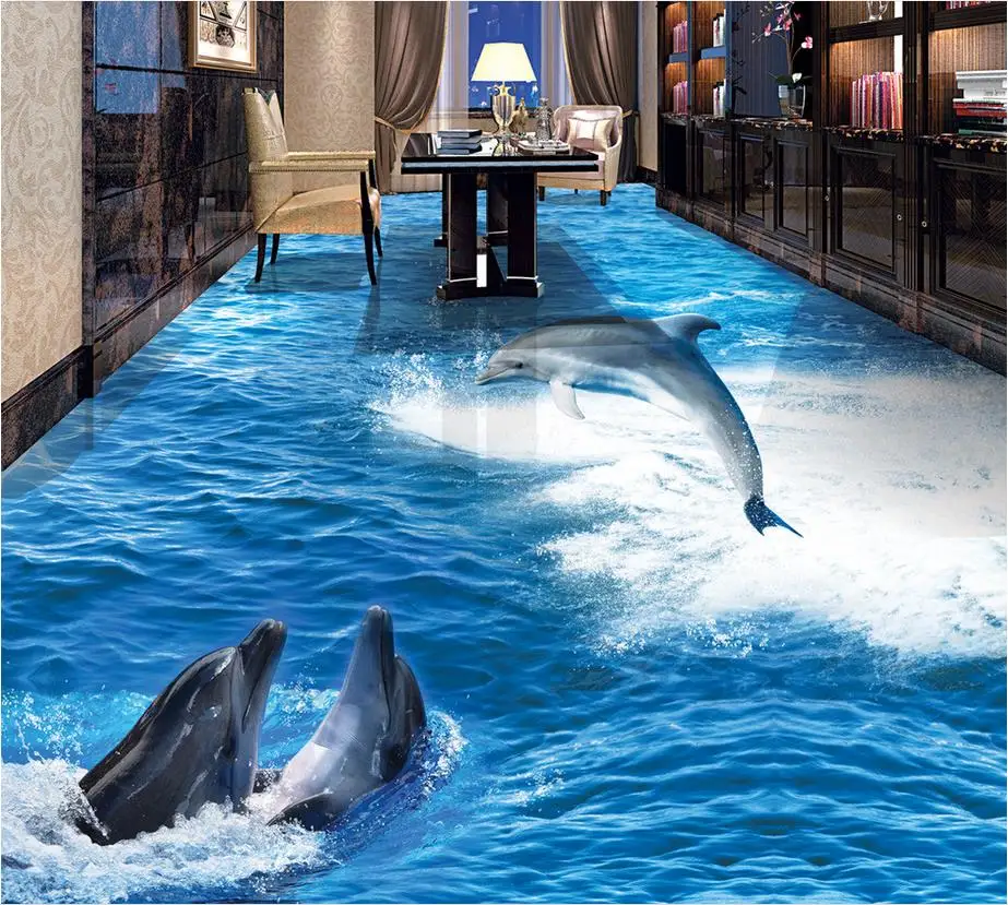 

Custom Photo self-adhesive 3D floor ocean dolphin PVC waterproof floor Photo wallpaper mural floor