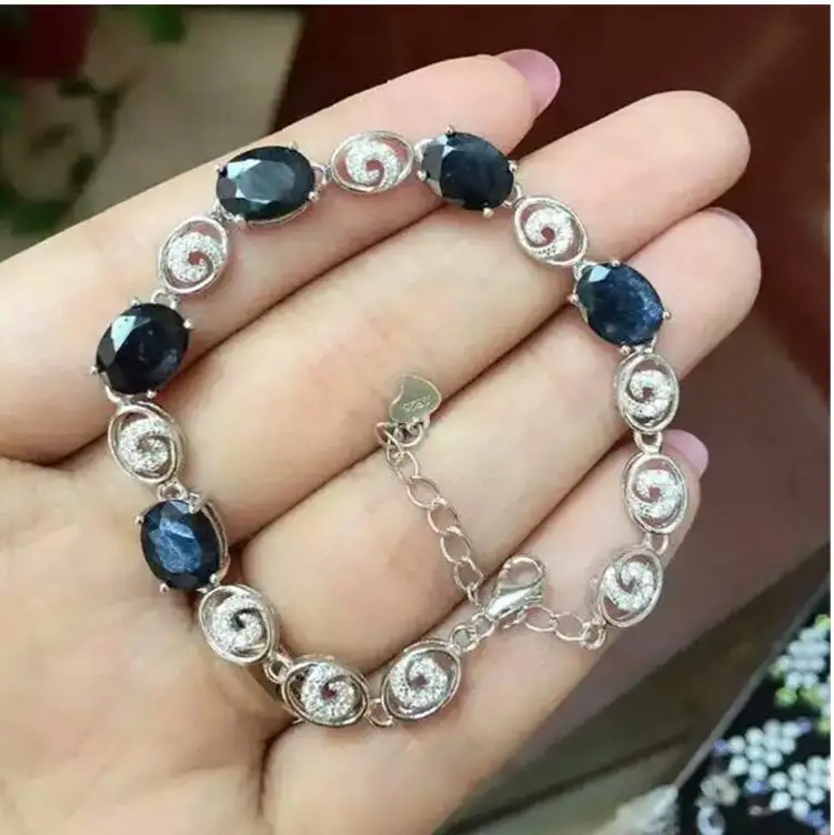 Natural sapphire chain bracelet Free shipping Natural real green sapphire 925 sterling silver Fine jewelry 7*9mm 5pcs