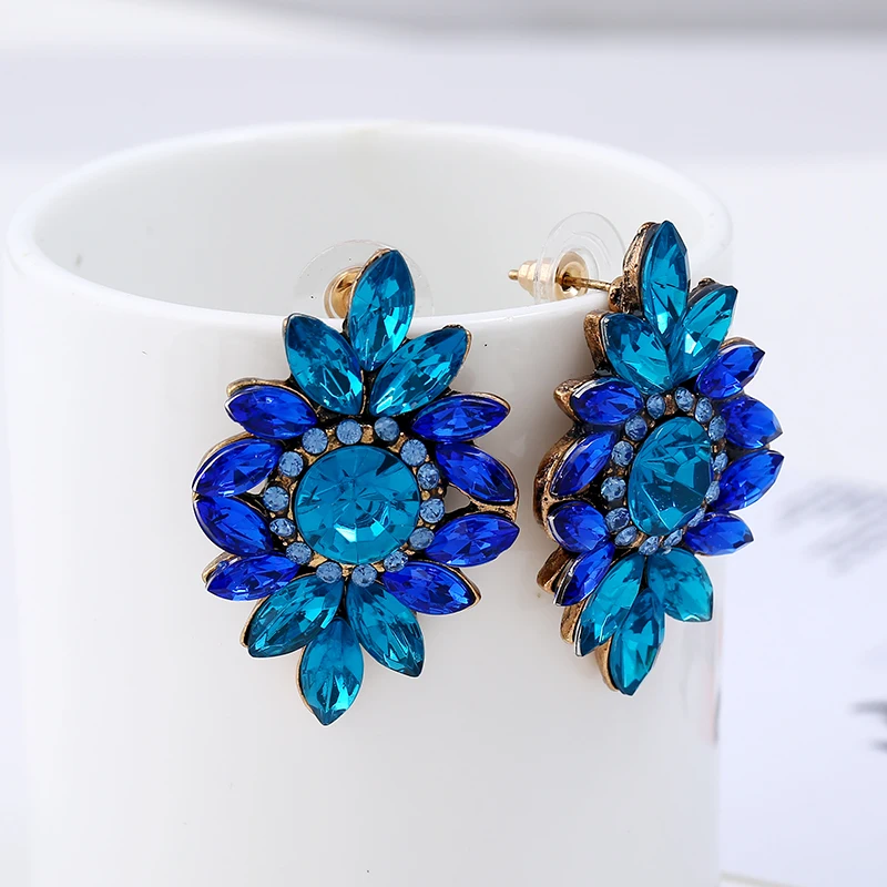 Fashion Jewelry Style Blue/Black/Red Earrings Handmade Rhinestone Sweet Stud Crystal Flower Earrings For Women Wedding Gift 2019