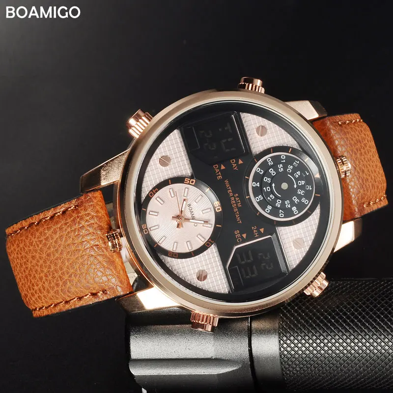 BOAMIGO-Montre à quartz pour hommes, 3 fuseaux horaires, LED, numérique, sport, montres-bracelets en cuir, horloge