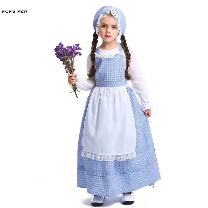 

Girls Halloween Farmer Woman Maid Costumes Kids Children Countrywoman Cosplay Carnival Purim Stage Play Masquerade Party Dress