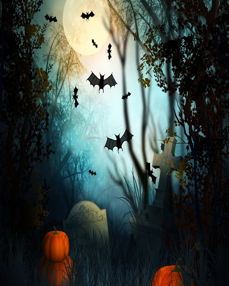 

VinylBDS Happy Halloween Photographic Background Bat Tombstone Cross Trick Backdrops Treat Pumpkins Backdrops Photo for Studio