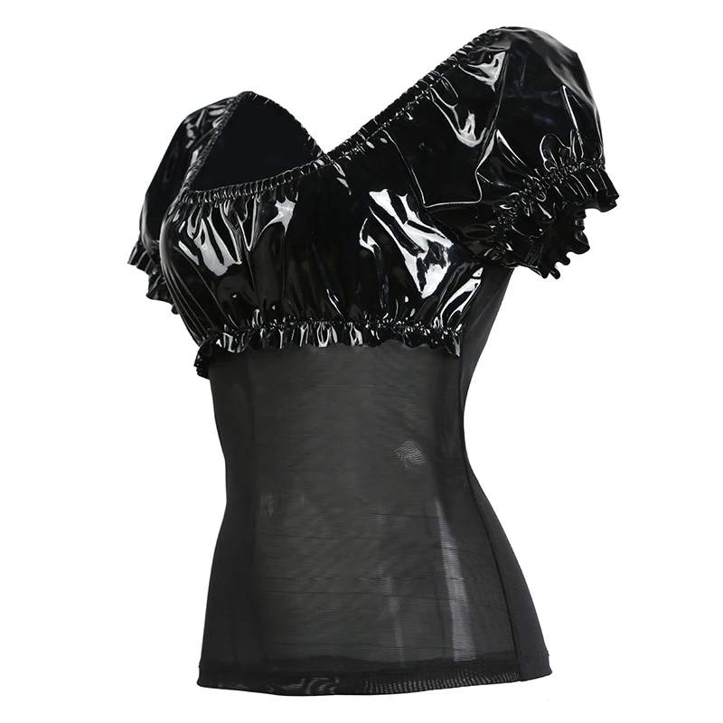 Cộng với Kích Thước S-XXL Đen PVC Dresses Latex Sexy Punk Gothic T-Shirt Kỳ Lạ PU Da Gạc Chắp Vá Tops PVC Lưới Phù Hợp Với clubwear