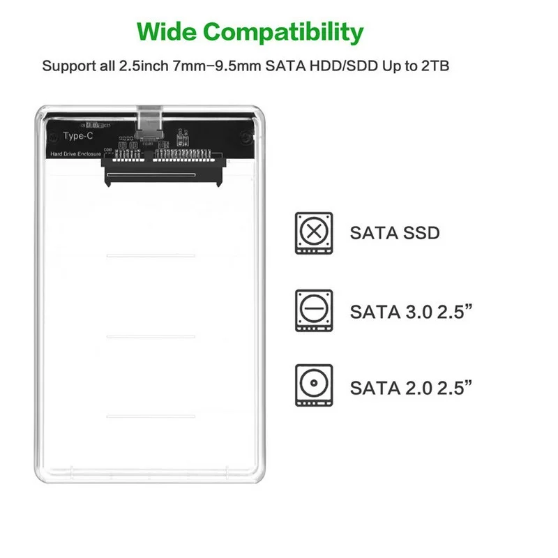 High Speed USB3.0 2.5" Transparent 5Gbps Sata HDD Case Hard Drive Enclosure Box with Micro-B to USB Cable Extern Memory Disk