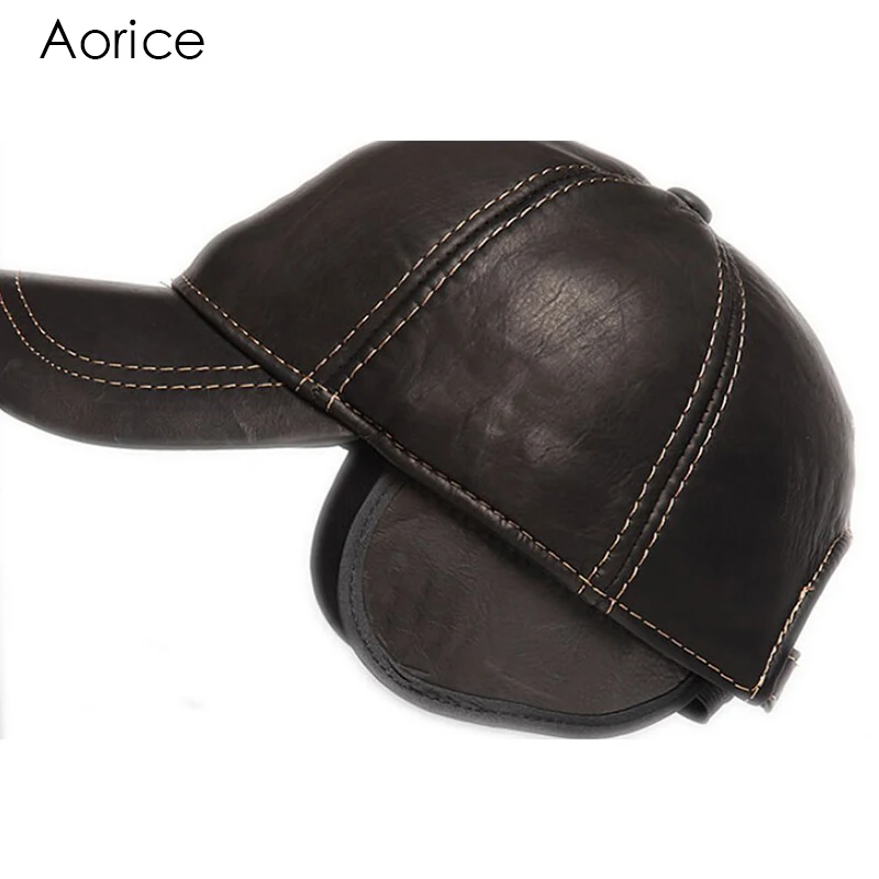 Aorice Men Genuine Leather Cowskin Cap 100% Real Leather Russian Autumn Winter Warm Army Ears Solid Color Fashion Hats HL032