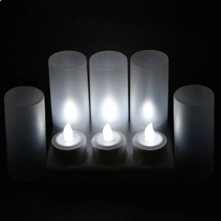 Set OF 6 LED candle remote controlled Flickering frosted Rechargeable Tea Light Electronics lamp waxless Bar Wedding home-WHITE