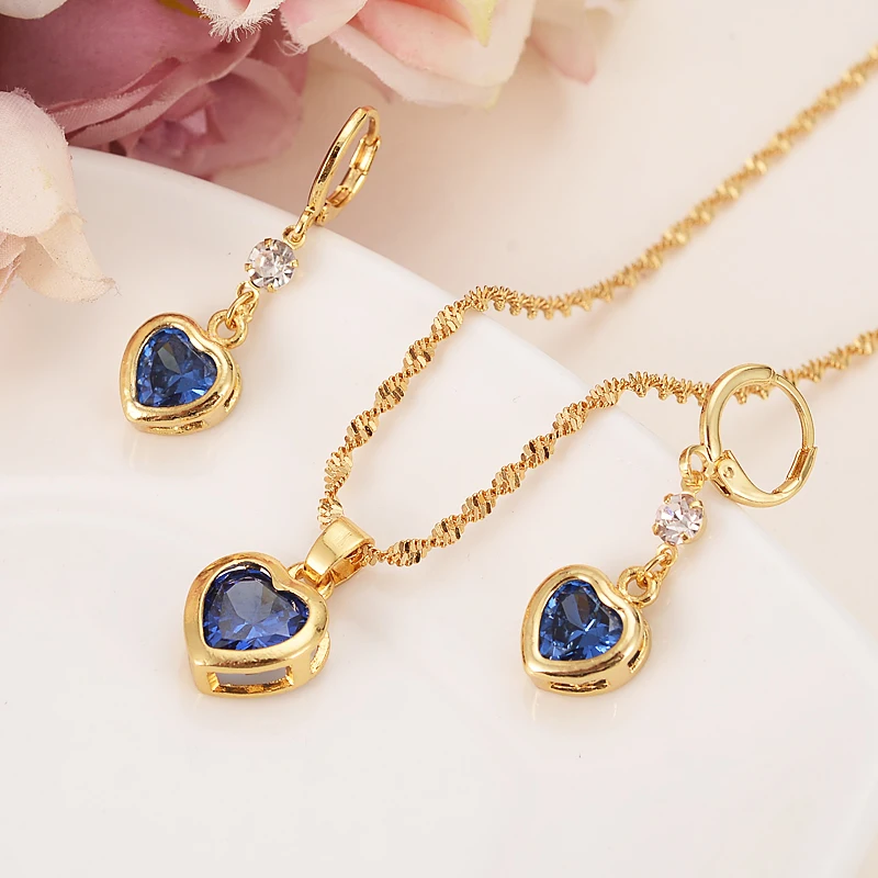 gold crystal Jewelry Sets  Heart White Blue Green Cubic Zircon Earring Necklace chain Bridal Jewelry Sets for Women girls gift