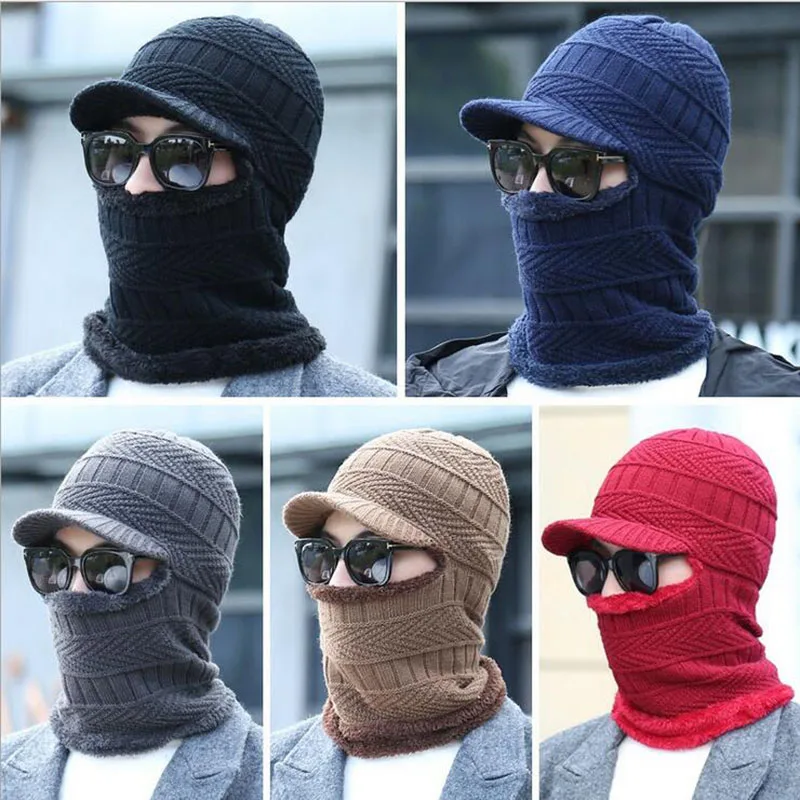 New Balaclava Winter Women Men\'s Skullies Wool Knitted Balaclava Cap Ninja Mask Thermal Plush Pocket Hat Unisex Snow Cap