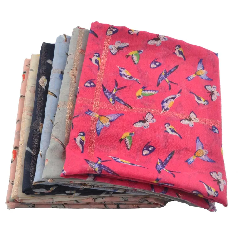 

Moda Mujer Bird Printed Scarf With Lurex,Korean Style,Viscose Spring Beach Scarves,Muslim hijab,Summer Beach Towel Shawls