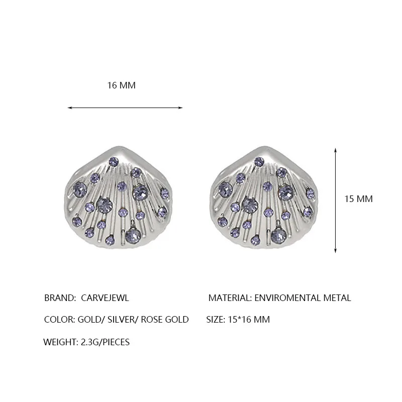 Carvejewl small stud earrings cute shell lilac rhinestone stud earrings for women jewelry girl gift unique fashion Korean earing