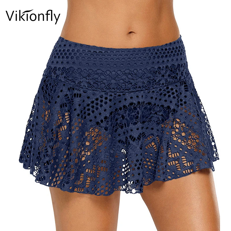 Vikionfly Lace Up Beach Dress Bikini Bottom Surfing Shorts With Skirt Women\'s Swimming Trunks Crochet High Waist Swimwear Pants