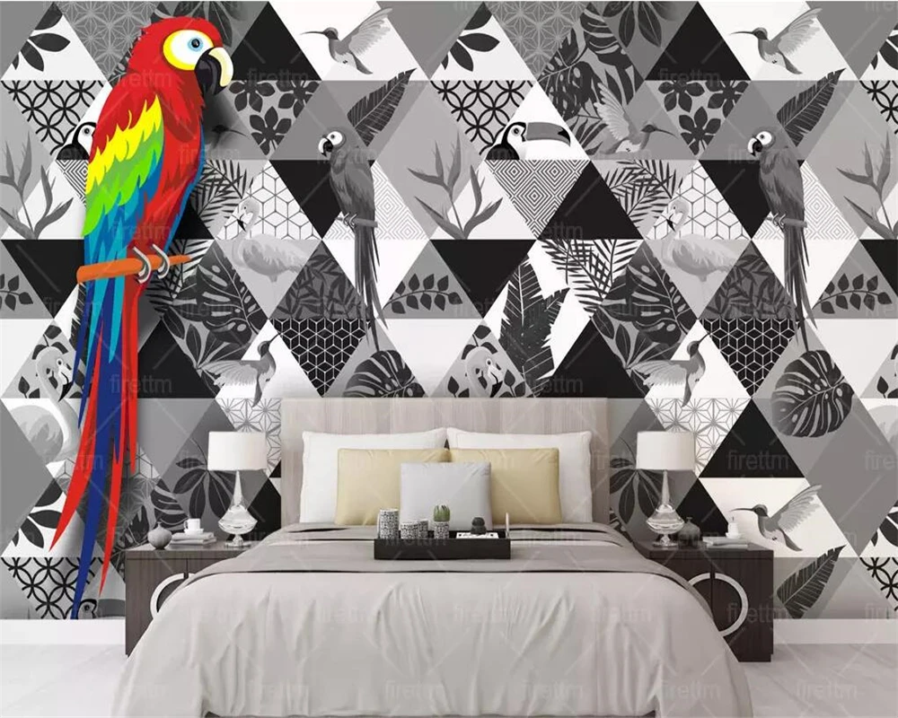 Beibehang Wallpaper black and white style parrot personality background wall living room bedroom TV background wall 3d wallpaper