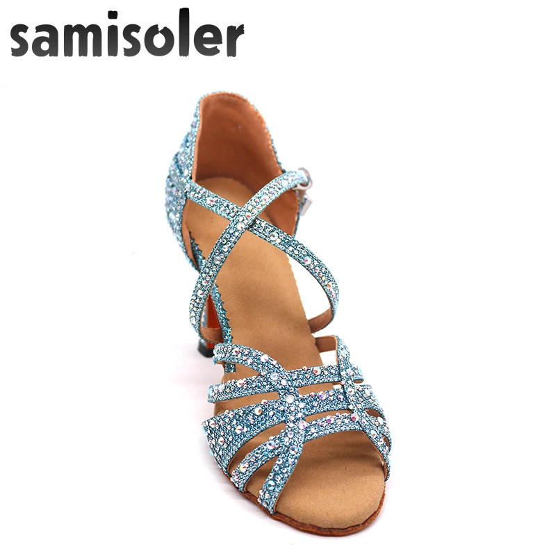 Samisoler  blue Rhinestone ballroom dance shoes women Salsa dance shoes women Professional tango Latin Shoes style high heels