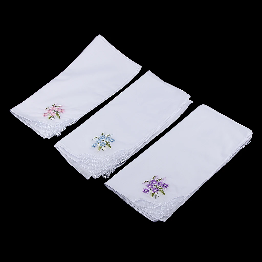 Pack of 12 Flower Embroidery   Cotton Handkerchiefs Comfy Pocket Hanky Square Handkerchiefs for Women White