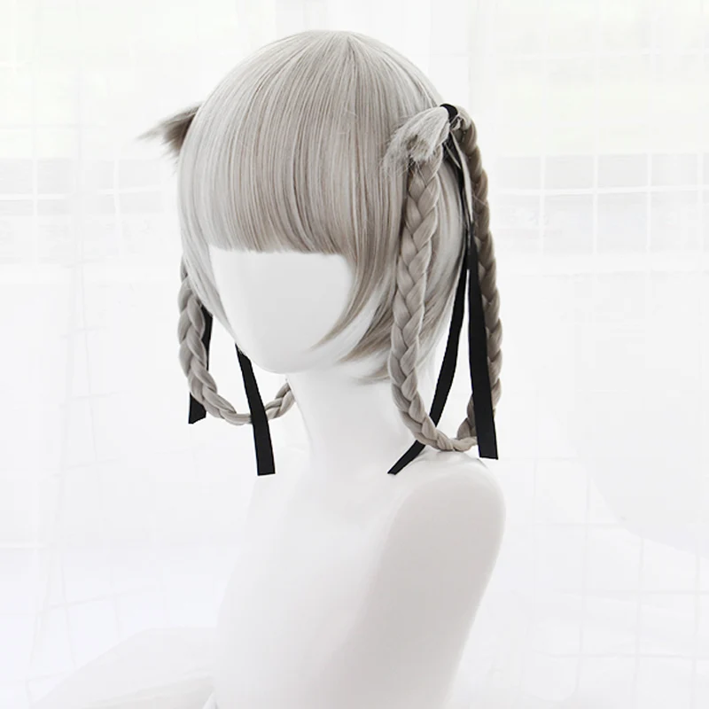 Pelucas cortas de Anime japonés Kakegurui Kirari Momobami, 35cm, trenzas grises, estilo Clip, peluca de Cosplay + gorro de peluca